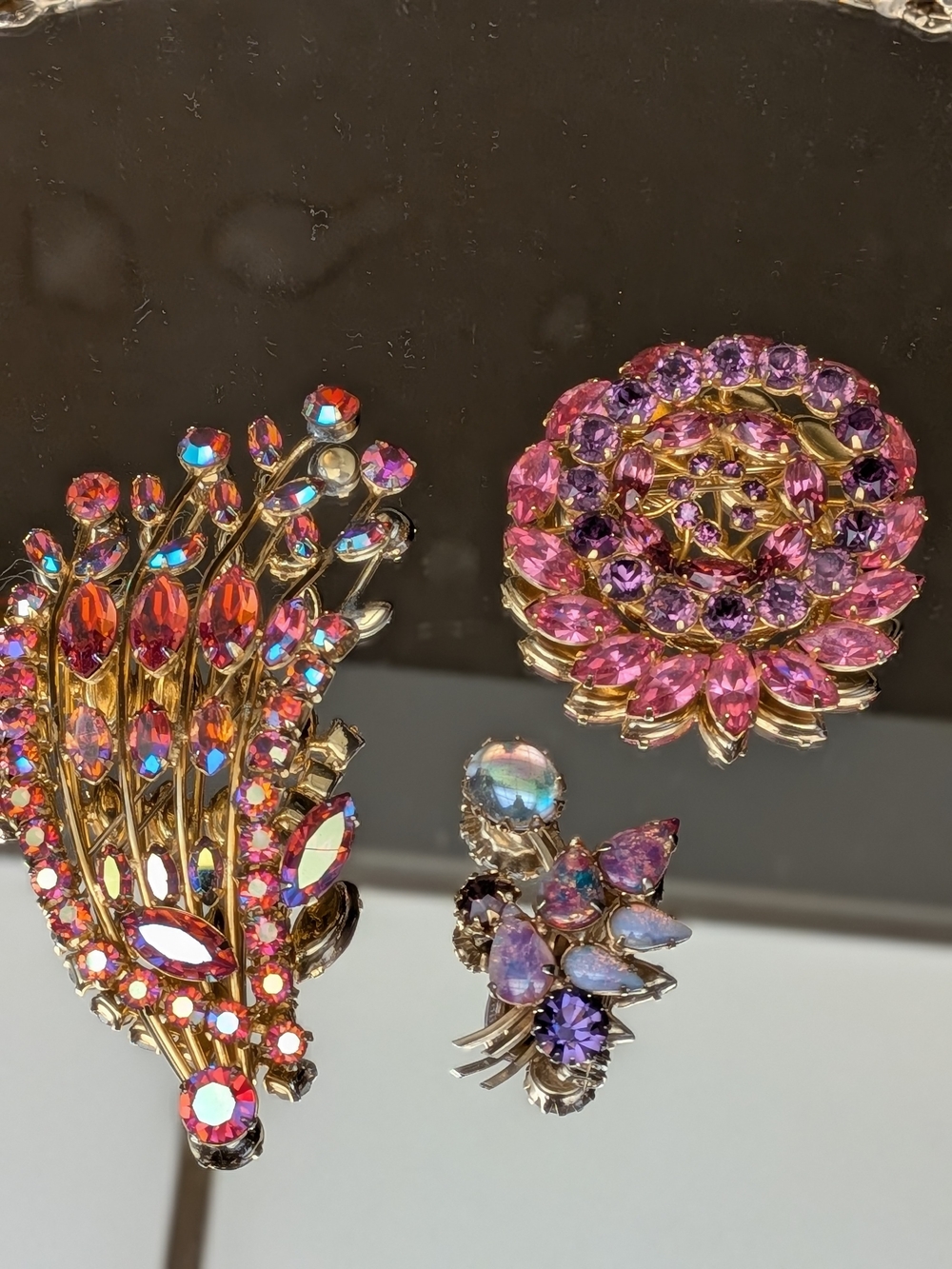 Gold Tone Pink & Purple Crystal Floral Brooch Set